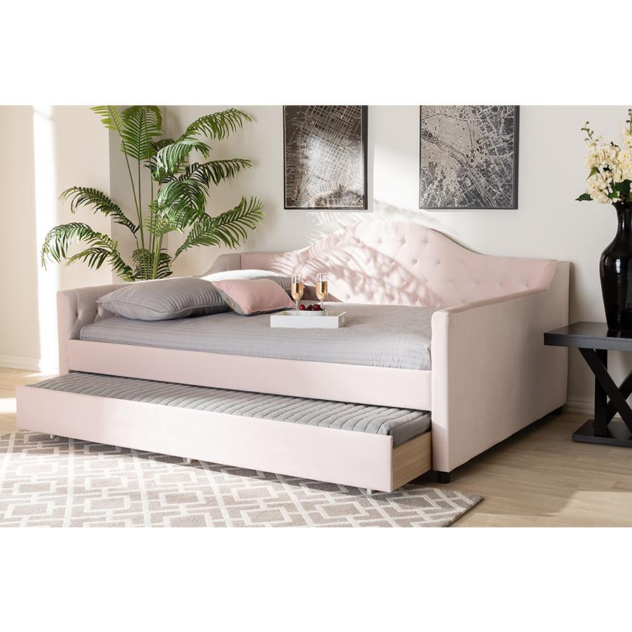 Baxton Studio Perry Modern and Contemporary Light Pink Velvet Fabric Upholstered and Button Tufted Full Size Daybed with Trundle. Picture 8