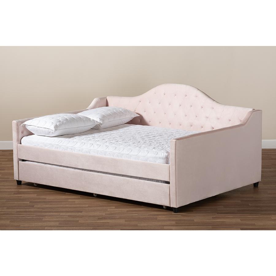 Baxton Studio Perry Modern and Contemporary Light Pink Velvet Fabric Upholstered and Button Tufted Full Size Daybed with Trundle. Picture 9
