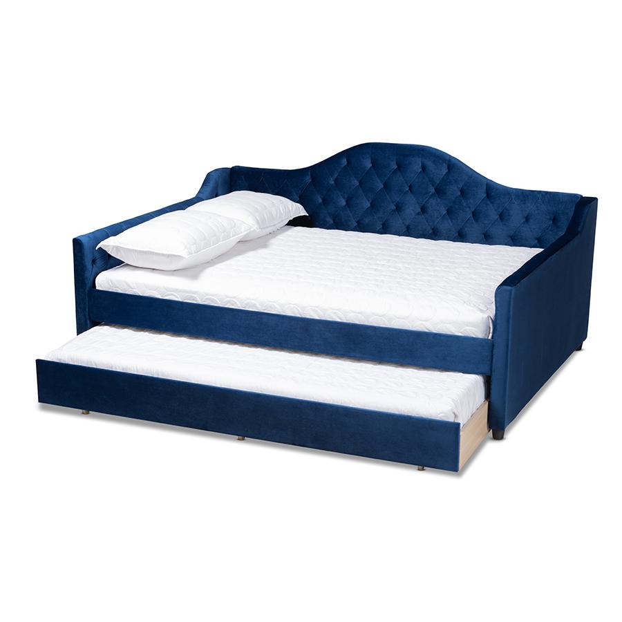 Baxton Studio Perry Modern and Contemporary Royal Blue Velvet Fabric Upholstered and Button Tufted Full Size Daybed with Trundle. Picture 2