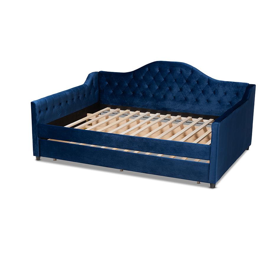 Baxton Studio Perry Modern and Contemporary Royal Blue Velvet Fabric Upholstered and Button Tufted Full Size Daybed with Trundle. Picture 4