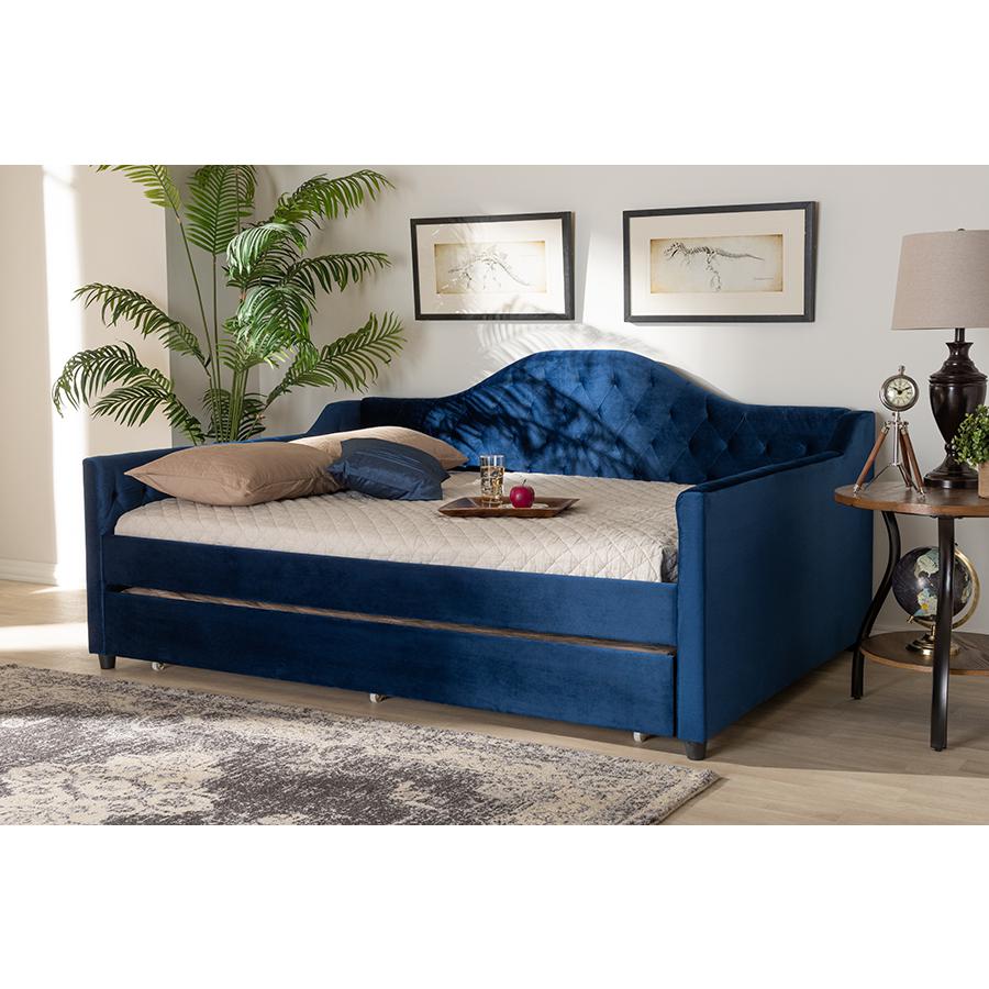 Baxton Studio Perry Modern and Contemporary Royal Blue Velvet Fabric Upholstered and Button Tufted Full Size Daybed with Trundle. Picture 7