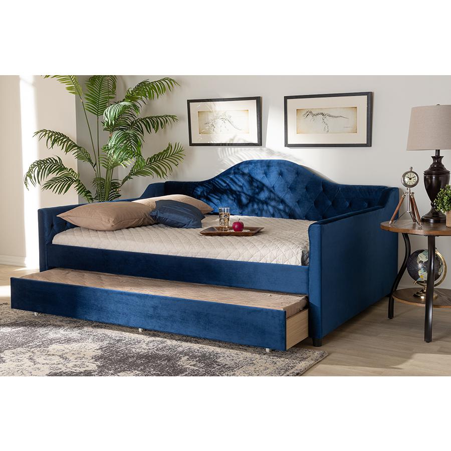 Baxton Studio Perry Modern and Contemporary Royal Blue Velvet Fabric Upholstered and Button Tufted Full Size Daybed with Trundle. Picture 8