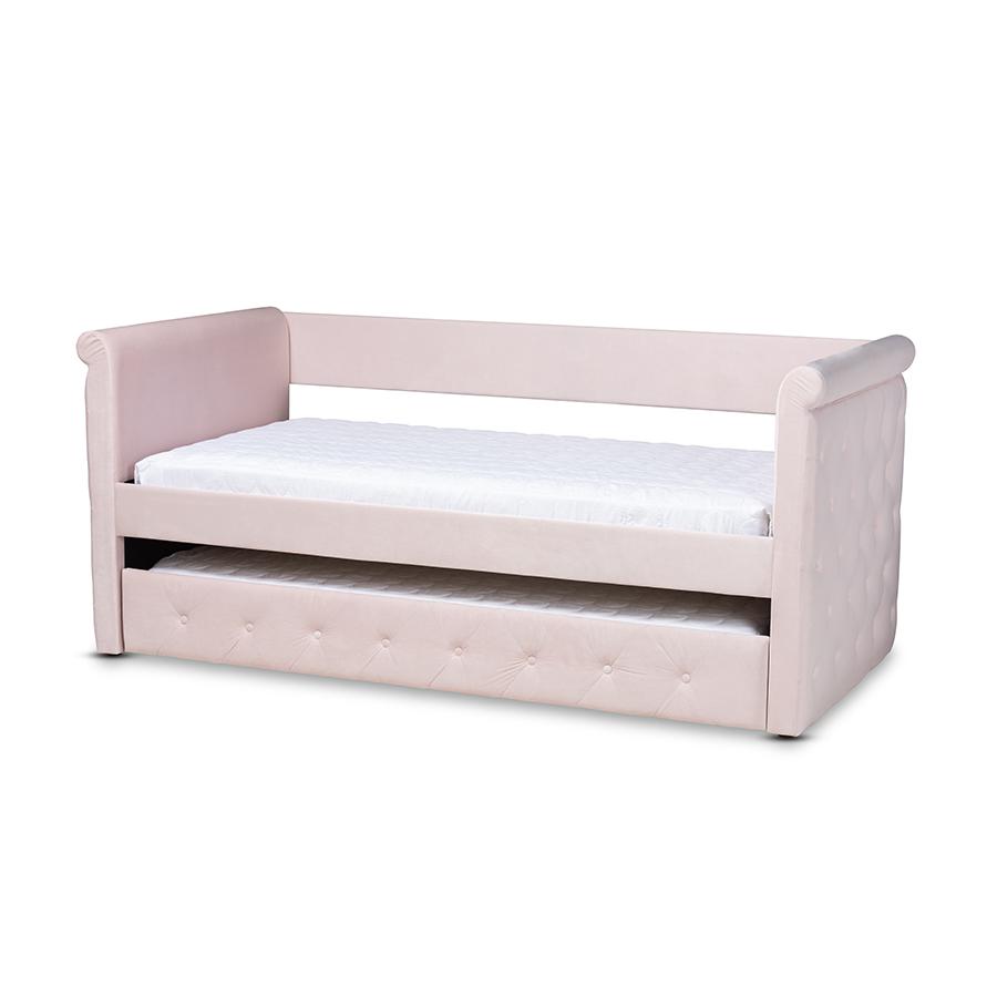 Baxton Studio Amaya Modern and Contemporary Light Pink Velvet Fabric Upholstered Twin Size Daybed with Trundle. Picture 1