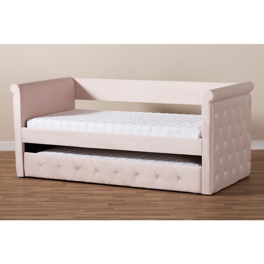 Baxton Studio Amaya Modern and Contemporary Light Pink Velvet Fabric Upholstered Twin Size Daybed with Trundle. Picture 10