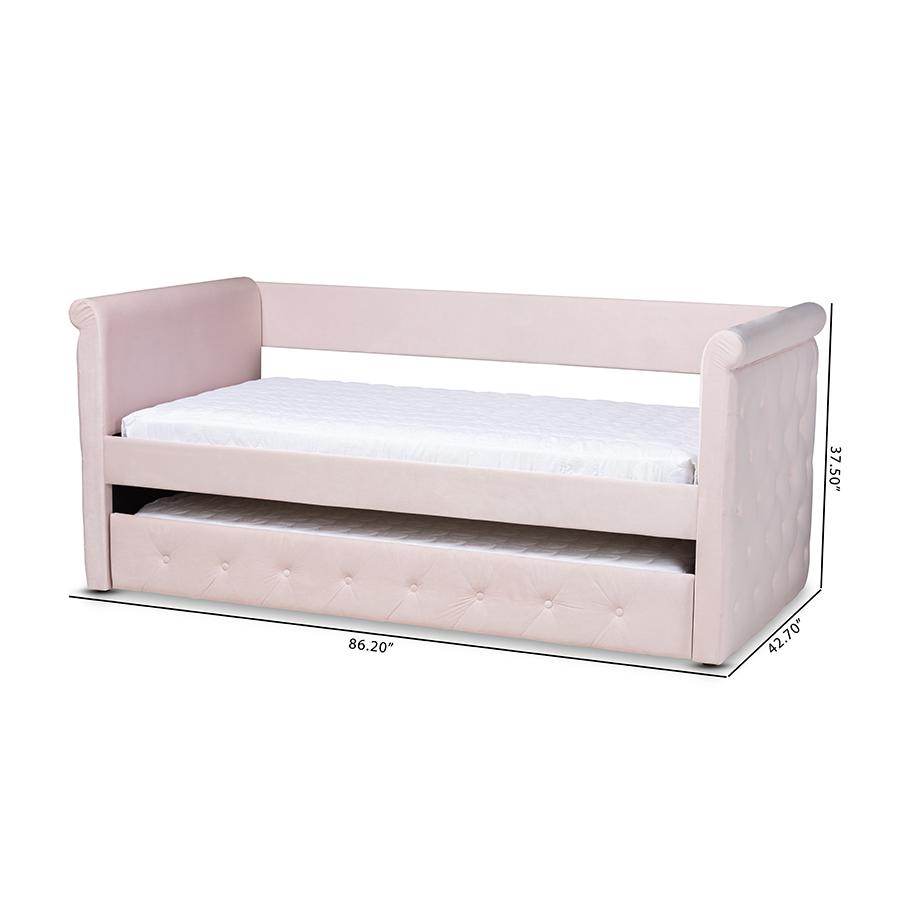 Baxton Studio Amaya Modern and Contemporary Light Pink Velvet Fabric Upholstered Twin Size Daybed with Trundle. Picture 11