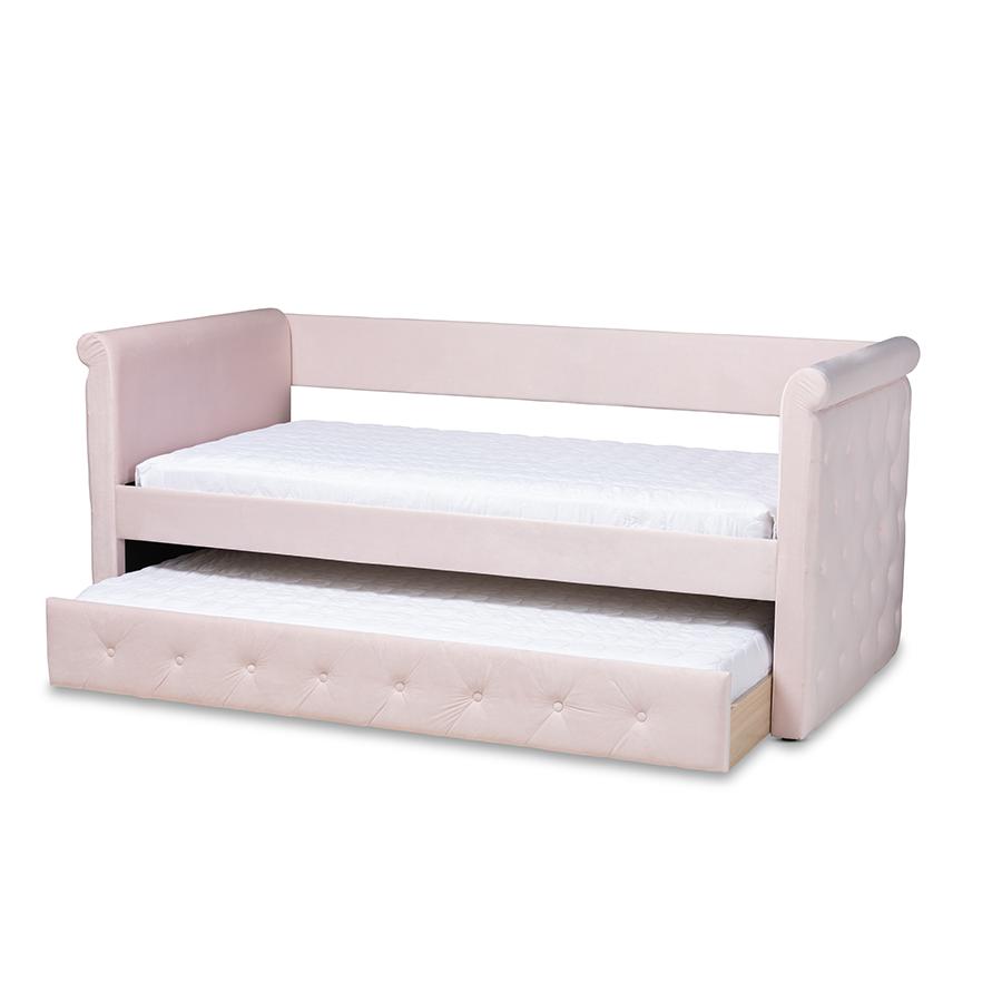 Light Pink Velvet Fabric Upholstered Twin Size Daybed with Trundle. Picture 2