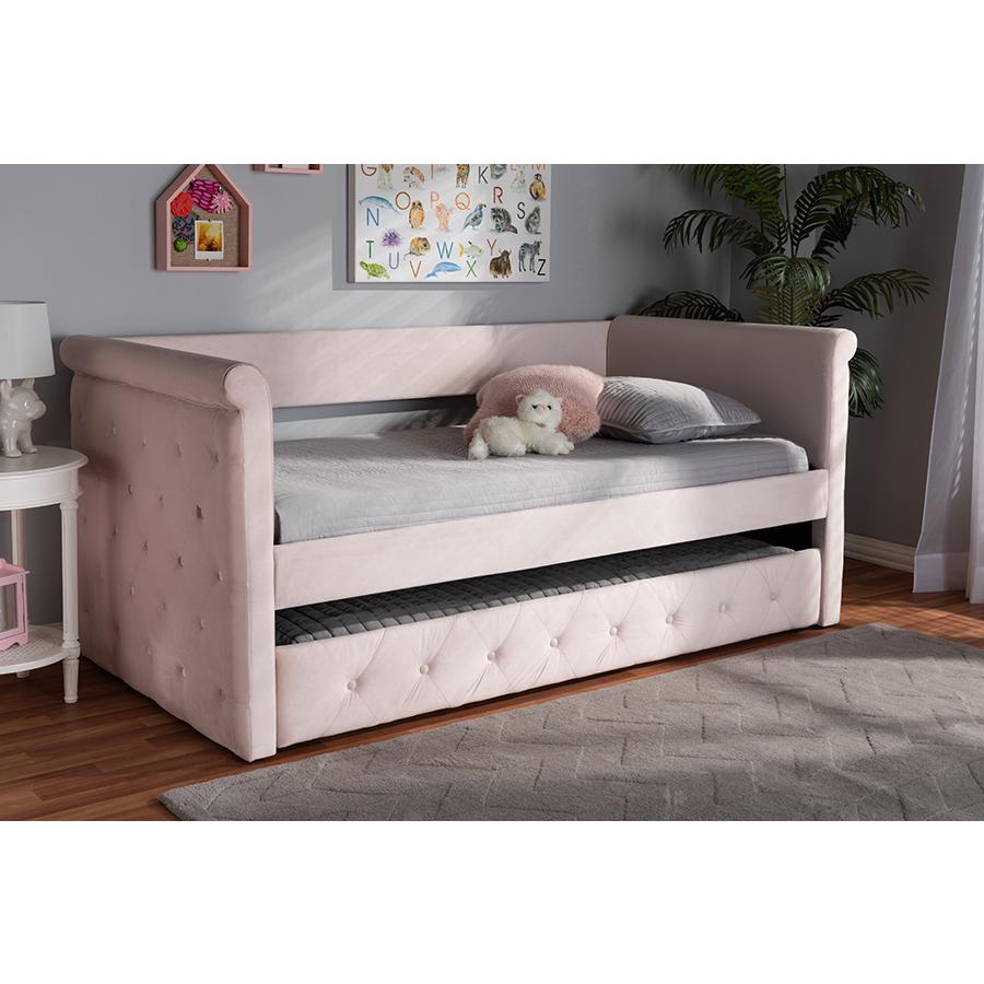 Baxton Studio Amaya Modern and Contemporary Light Pink Velvet Fabric Upholstered Twin Size Daybed with Trundle. Picture 8