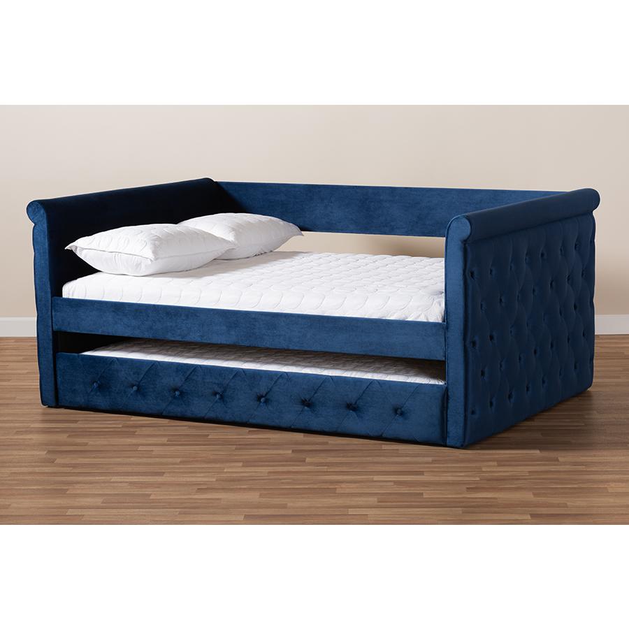 Baxton Studio Amaya Modern and Contemporary Navy Blue Velvet Fabric Upholstered Queen Size Daybed with Trundle. Picture 10