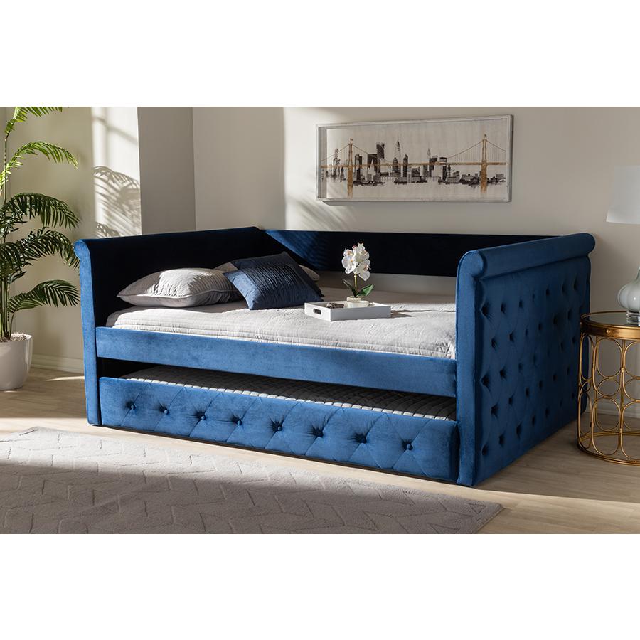 Baxton Studio Amaya Modern and Contemporary Navy Blue Velvet Fabric Upholstered Queen Size Daybed with Trundle. Picture 8