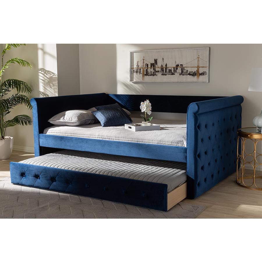 Baxton Studio Amaya Modern and Contemporary Navy Blue Velvet Fabric Upholstered Queen Size Daybed with Trundle. Picture 9