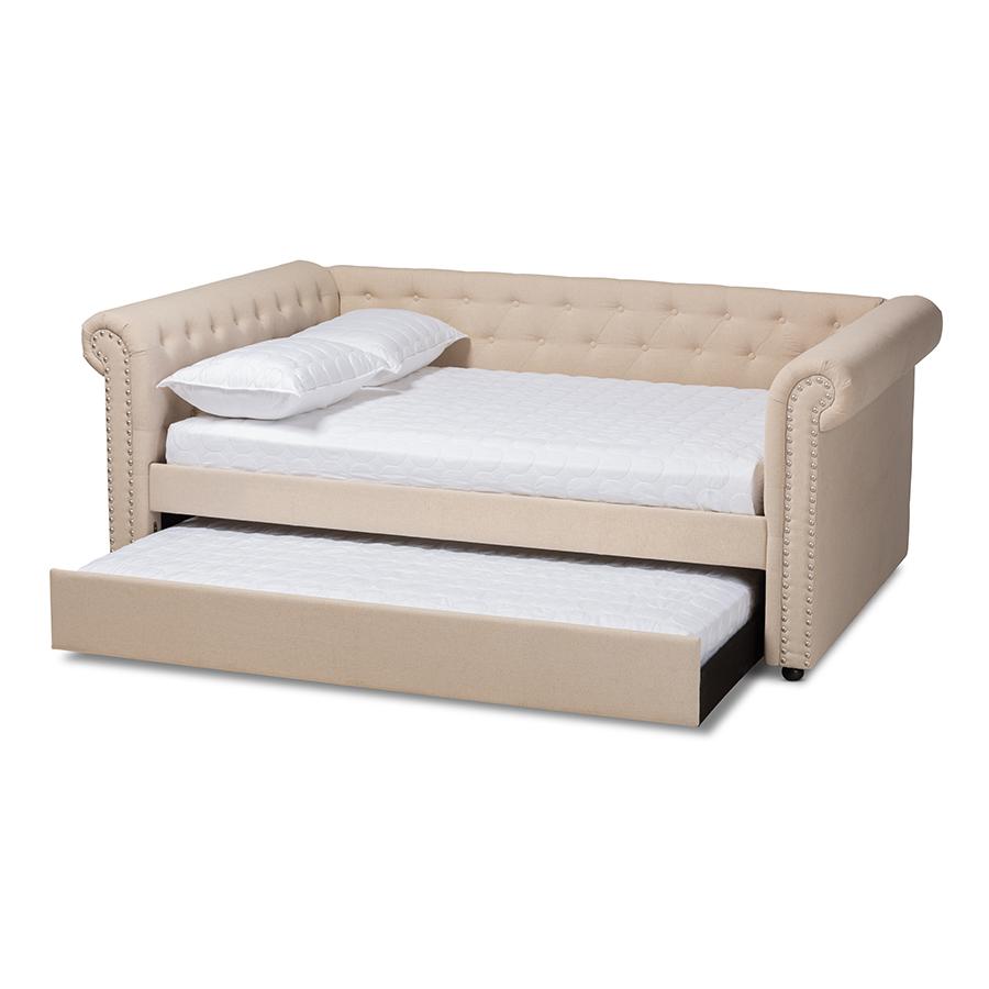 Beige Fabric Upholstered Full Size Daybed with Trundle. Picture 2