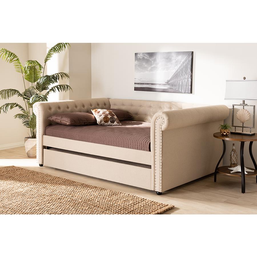 Beige Fabric Upholstered Full Size Daybed with Trundle. Picture 7