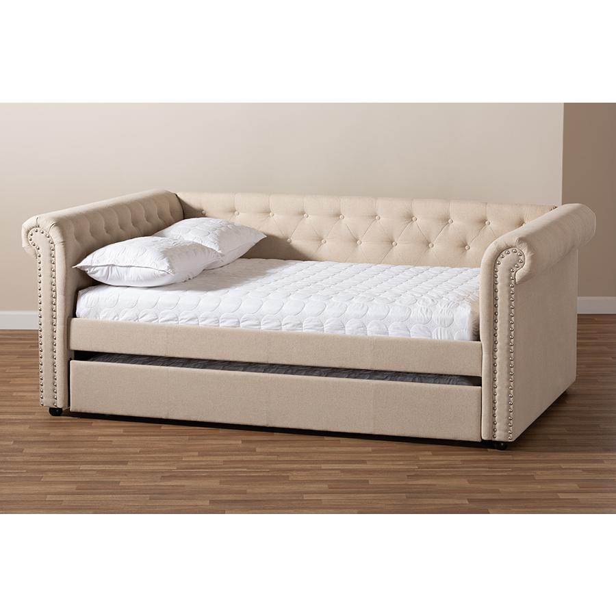 Beige Fabric Upholstered Full Size Daybed with Trundle. Picture 9
