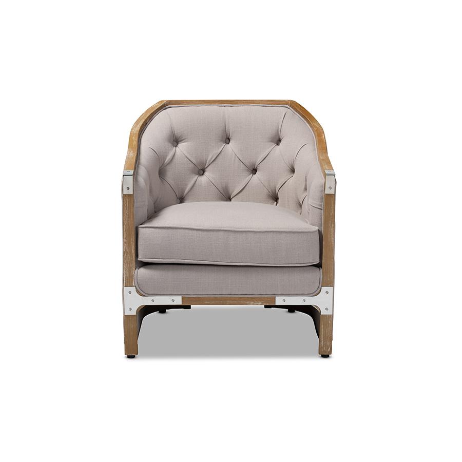 Baxton Studio Terina French Country Industrial Grey-Beige Fabric Upholstered Whitewashed Oak Wood Armchair with Metal Accents. Picture 2