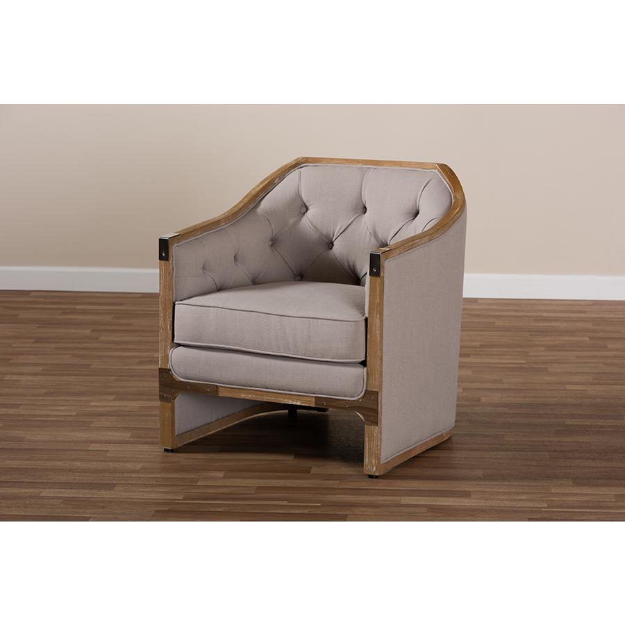 Baxton Studio Terina French Country Industrial Grey-Beige Fabric Upholstered Whitewashed Oak Wood Armchair with Metal Accents. Picture 8