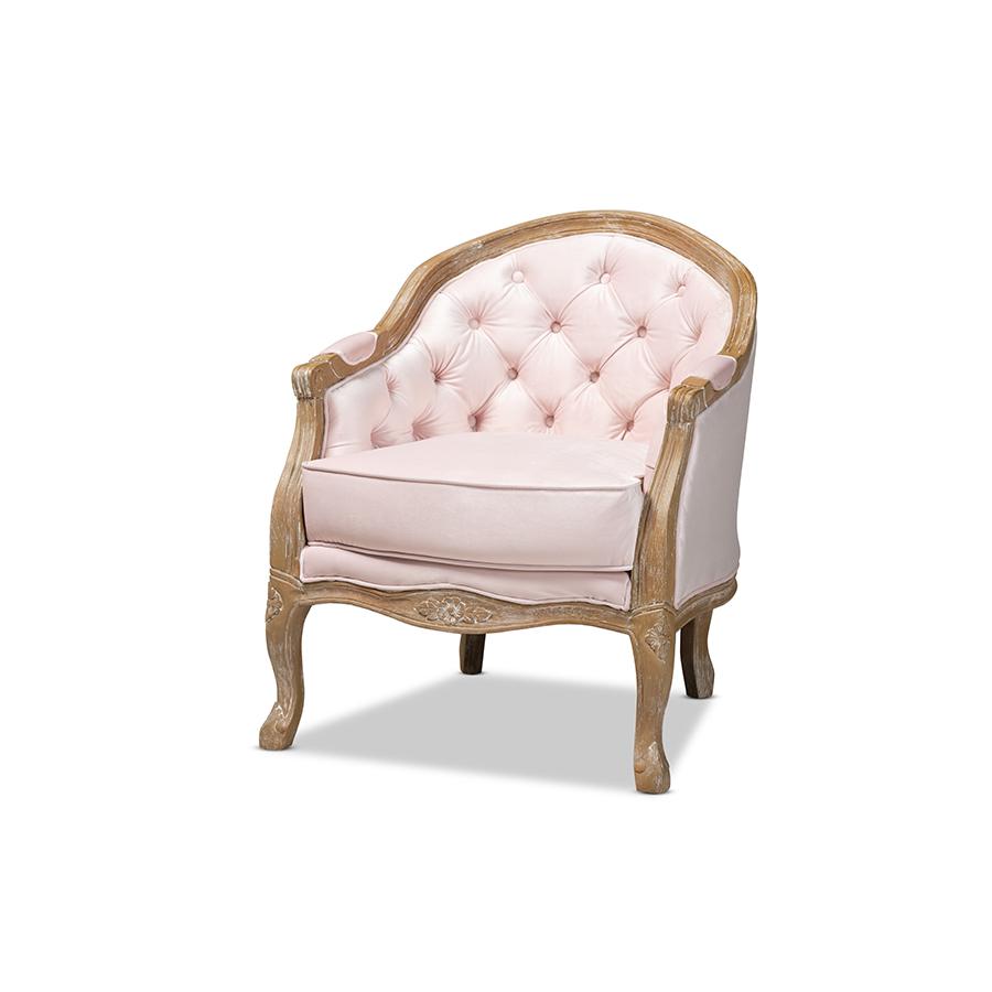 Baxton Studio Genevieve Traditional French Provincial Light Pink Velvet Upholstered White-Washed Oak Wood Armchair. Picture 1