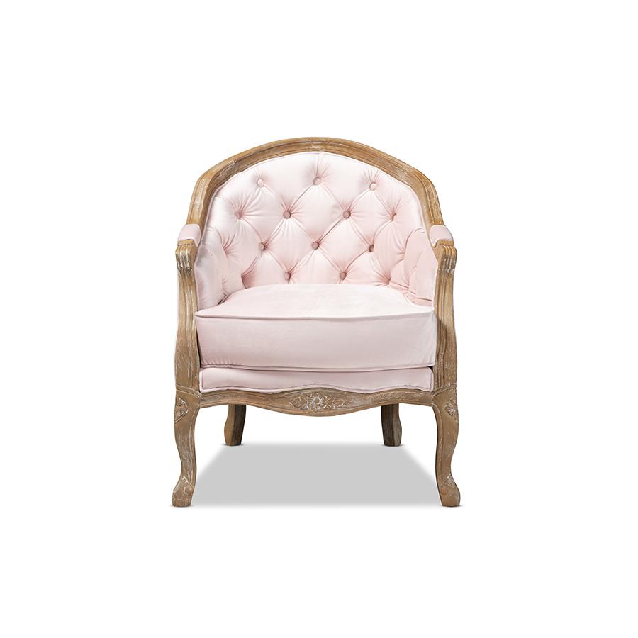 Baxton Studio Genevieve Traditional French Provincial Light Pink Velvet Upholstered White-Washed Oak Wood Armchair. Picture 2