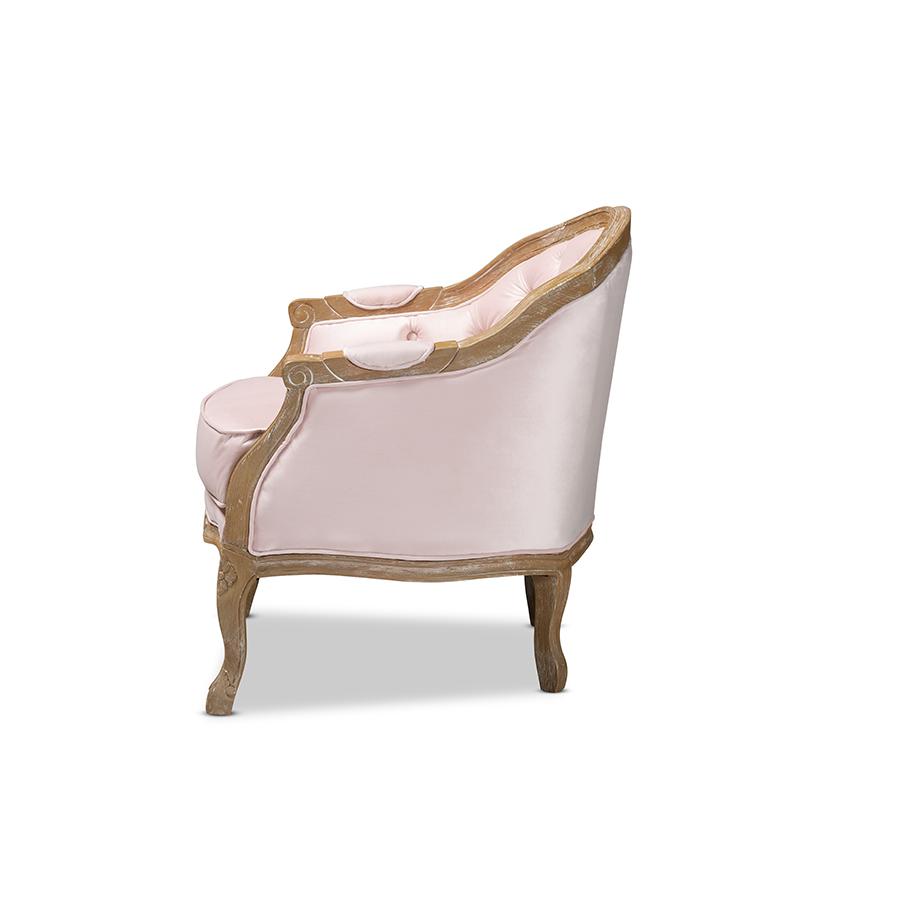 Baxton Studio Genevieve Traditional French Provincial Light Pink Velvet Upholstered White-Washed Oak Wood Armchair. Picture 3