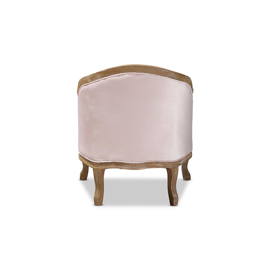 Baxton Studio Genevieve Traditional French Provincial Light Pink Velvet Upholstered White-Washed Oak Wood Armchair. Picture 4