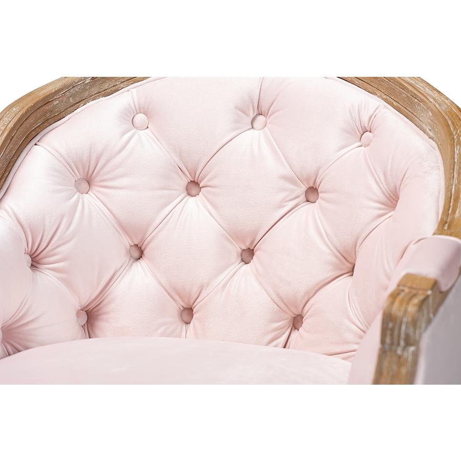Baxton Studio Genevieve Traditional French Provincial Light Pink Velvet Upholstered White-Washed Oak Wood Armchair. Picture 5