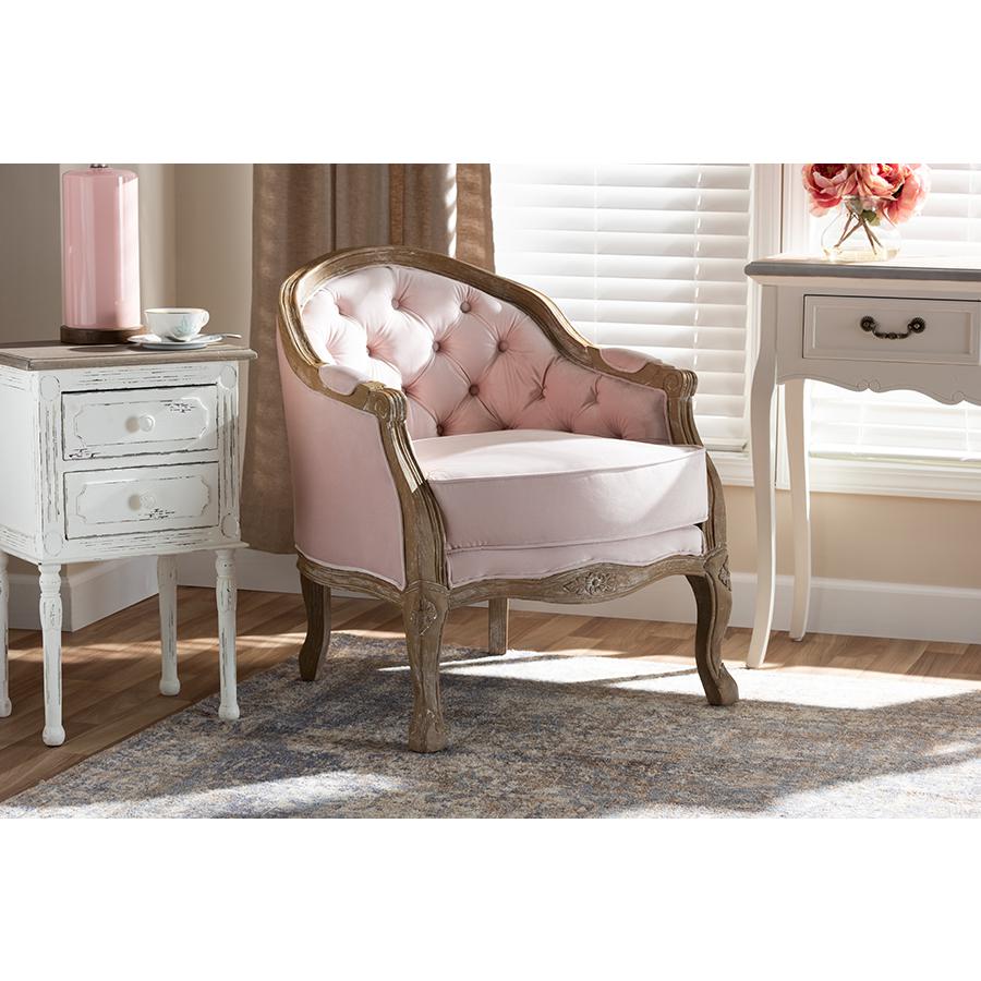 Baxton Studio Genevieve Traditional French Provincial Light Pink Velvet Upholstered White-Washed Oak Wood Armchair. Picture 7