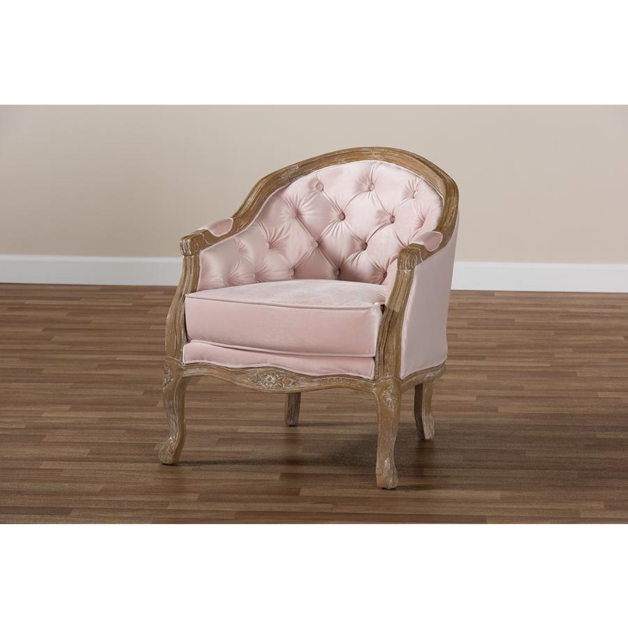 Baxton Studio Genevieve Traditional French Provincial Light Pink Velvet Upholstered White-Washed Oak Wood Armchair. Picture 8