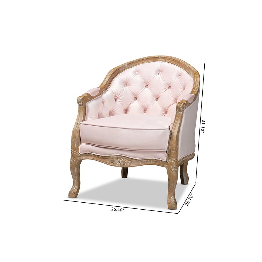 Baxton Studio Genevieve Traditional French Provincial Light Pink Velvet Upholstered White-Washed Oak Wood Armchair. Picture 9