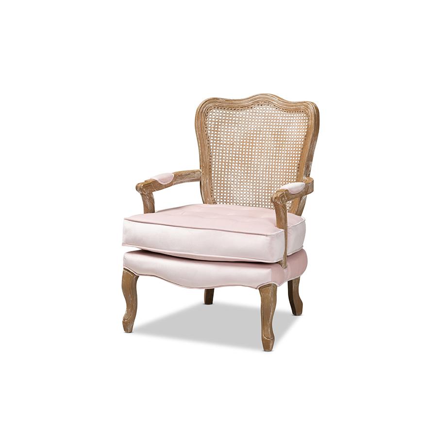 Baxton Studio Vallea Traditional French Provincial Light Pink Velvet Fabric Upholstered White-Washed Oak Wood Armchair. The main picture.