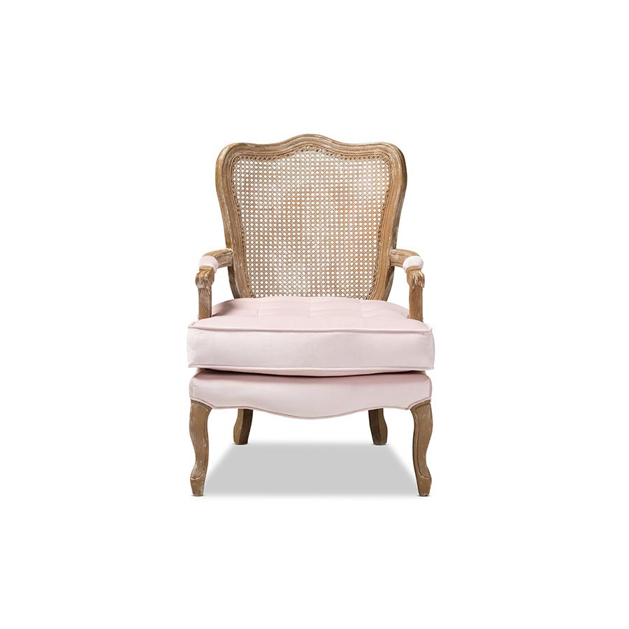 Baxton Studio Vallea Traditional French Provincial Light Pink Velvet Fabric Upholstered White-Washed Oak Wood Armchair. Picture 2