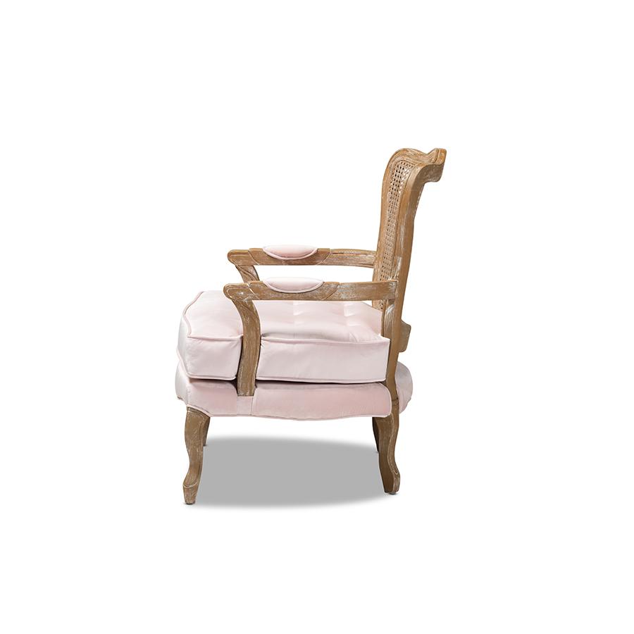 Baxton Studio Vallea Traditional French Provincial Light Pink Velvet Fabric Upholstered White-Washed Oak Wood Armchair. Picture 3