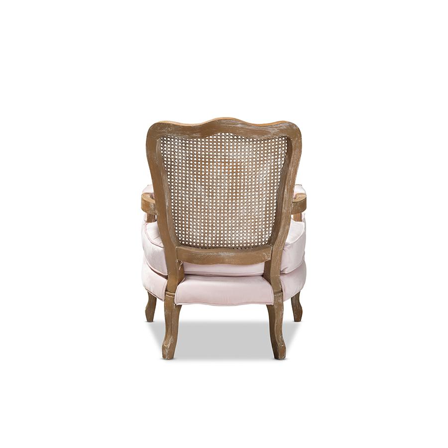 Baxton Studio Vallea Traditional French Provincial Light Pink Velvet Fabric Upholstered White-Washed Oak Wood Armchair. Picture 4