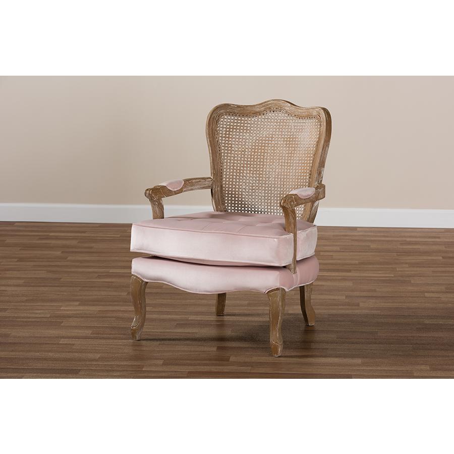 Baxton Studio Vallea Traditional French Provincial Light Pink Velvet Fabric Upholstered White-Washed Oak Wood Armchair. Picture 8