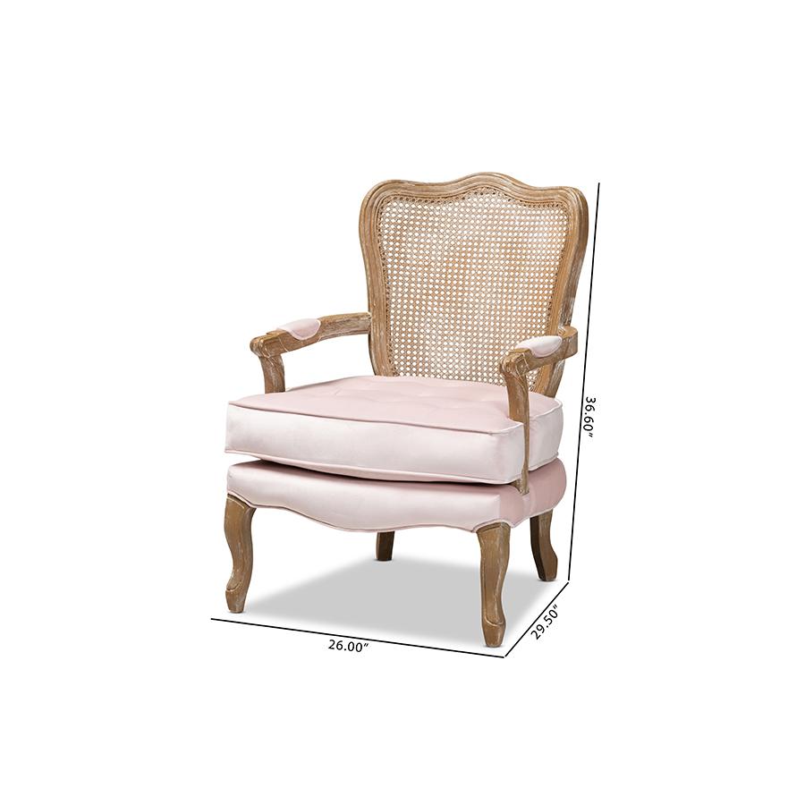 Baxton Studio Vallea Traditional French Provincial Light Pink Velvet Fabric Upholstered White-Washed Oak Wood Armchair. Picture 9