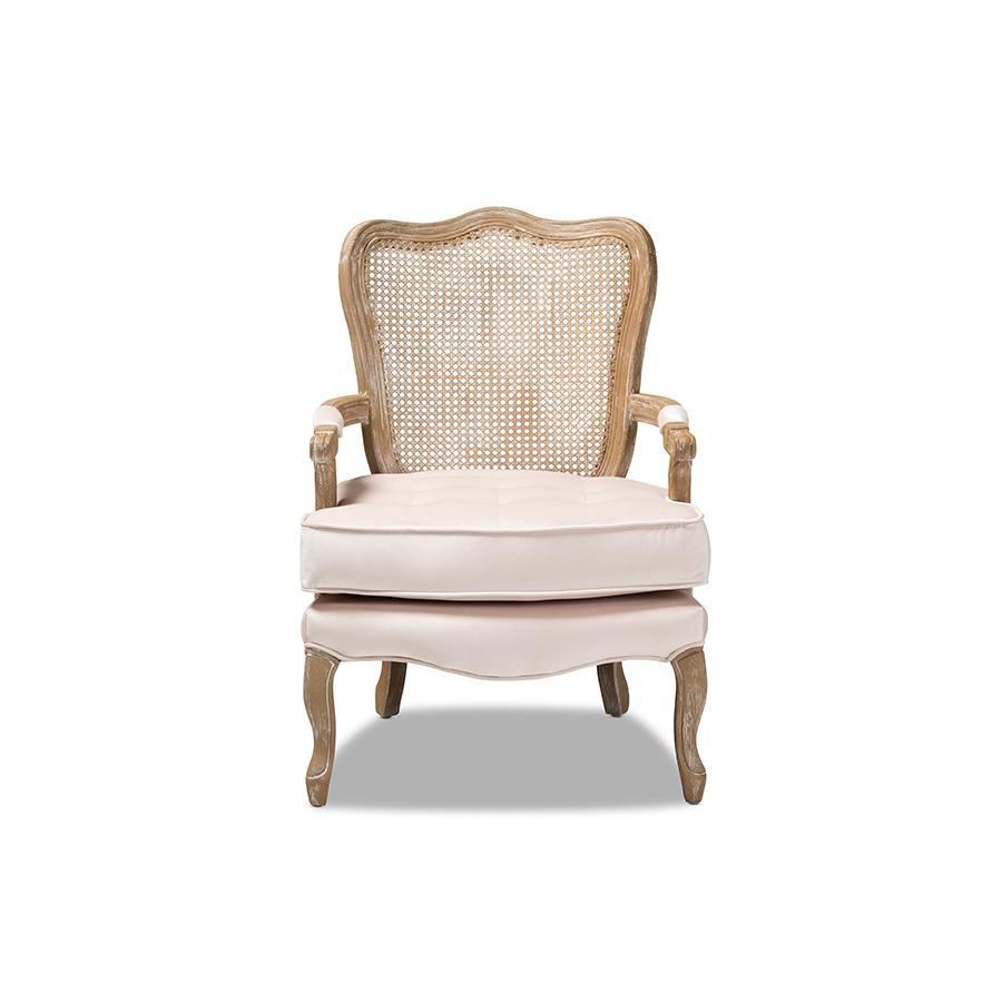 Baxton Studio Vallea Traditional French Provincial Light Beige Velvet Fabric Upholstered White-Washed Oak Wood Armchair. Picture 2