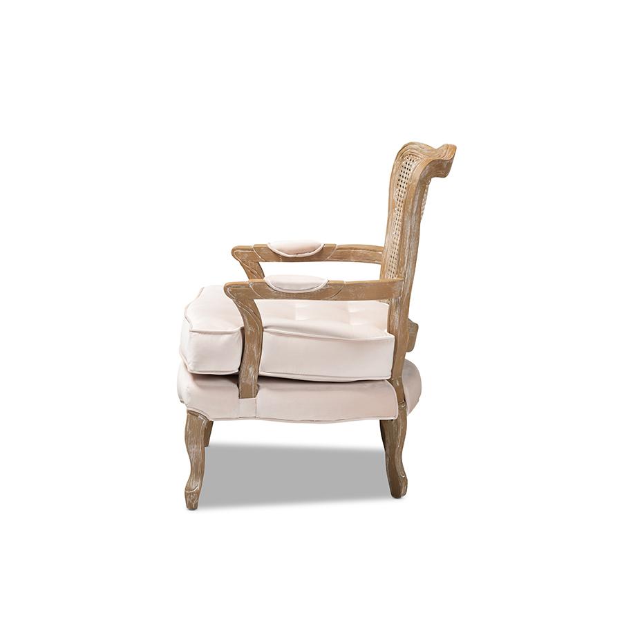 Baxton Studio Vallea Traditional French Provincial Light Beige Velvet Fabric Upholstered White-Washed Oak Wood Armchair. Picture 3
