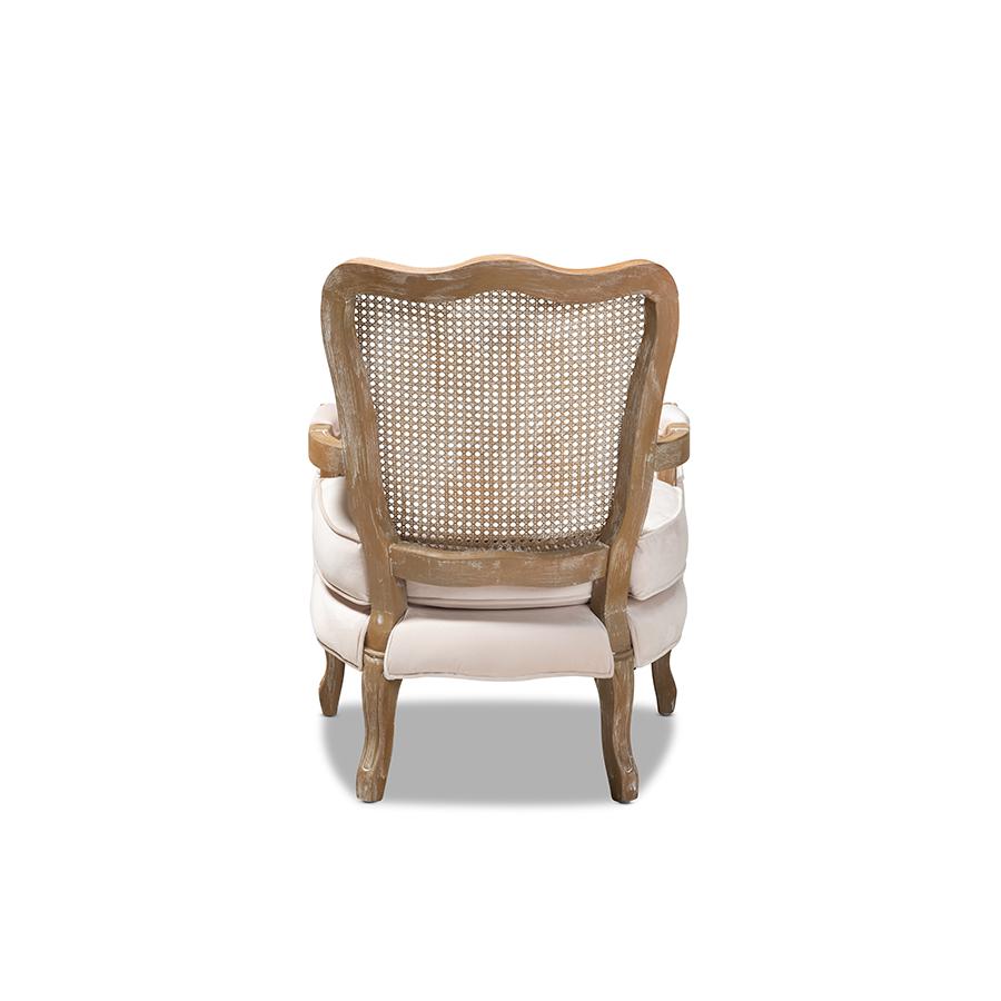 Baxton Studio Vallea Traditional French Provincial Light Beige Velvet Fabric Upholstered White-Washed Oak Wood Armchair. Picture 4