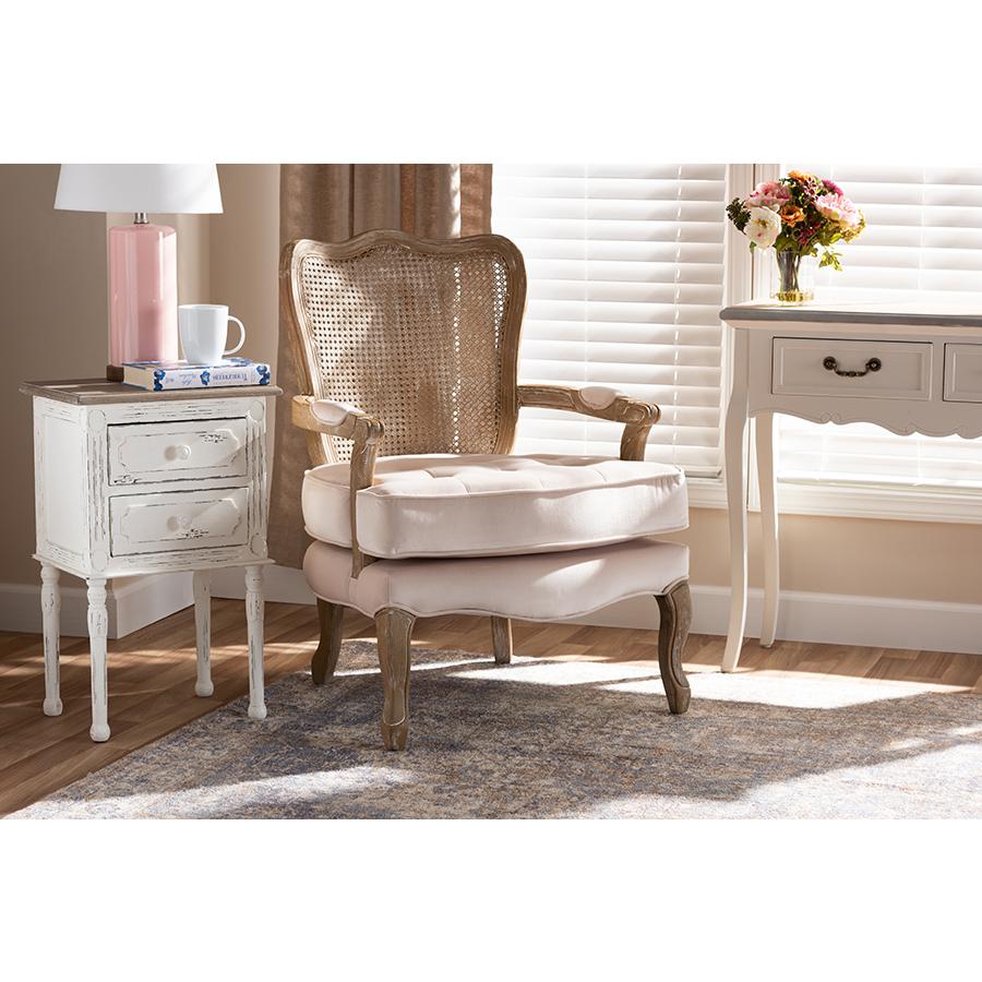 Baxton Studio Vallea Traditional French Provincial Light Beige Velvet Fabric Upholstered White-Washed Oak Wood Armchair. Picture 7