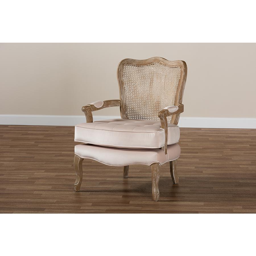 Baxton Studio Vallea Traditional French Provincial Light Beige Velvet Fabric Upholstered White-Washed Oak Wood Armchair. Picture 8