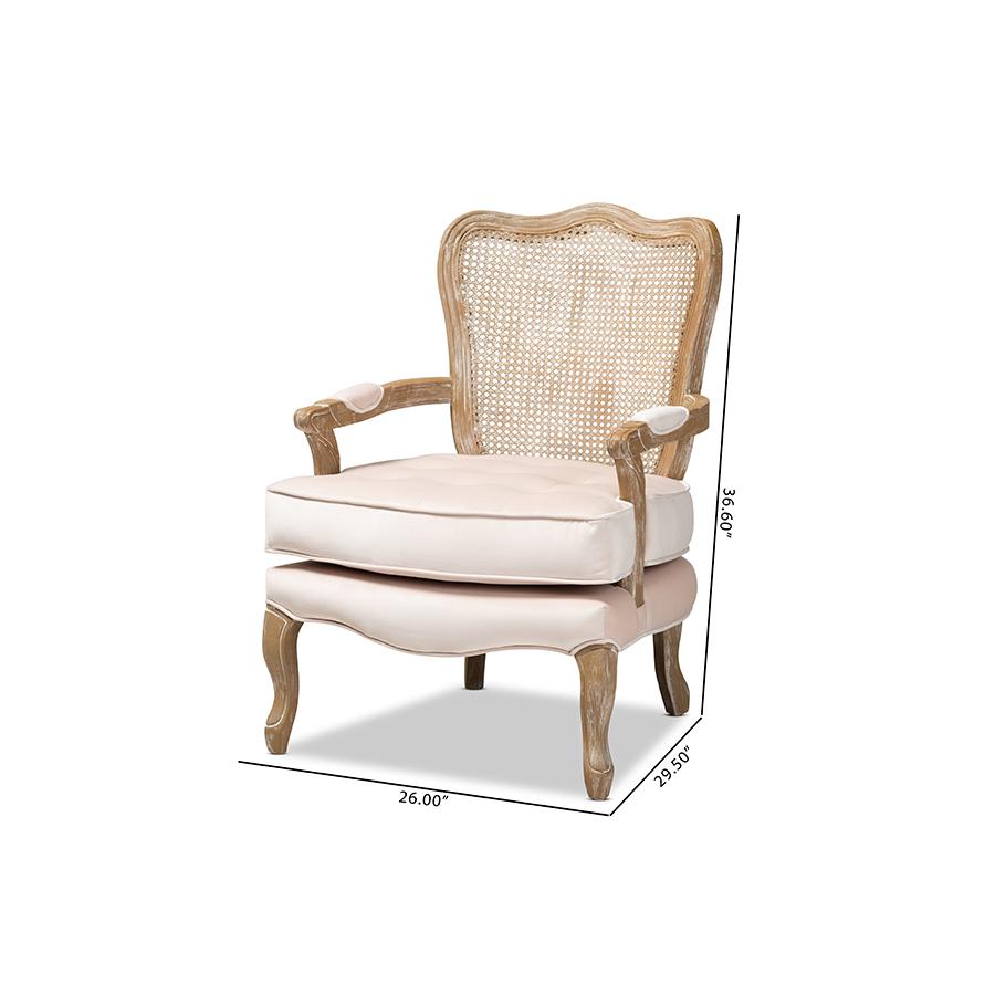 Baxton Studio Vallea Traditional French Provincial Light Beige Velvet Fabric Upholstered White-Washed Oak Wood Armchair. Picture 9