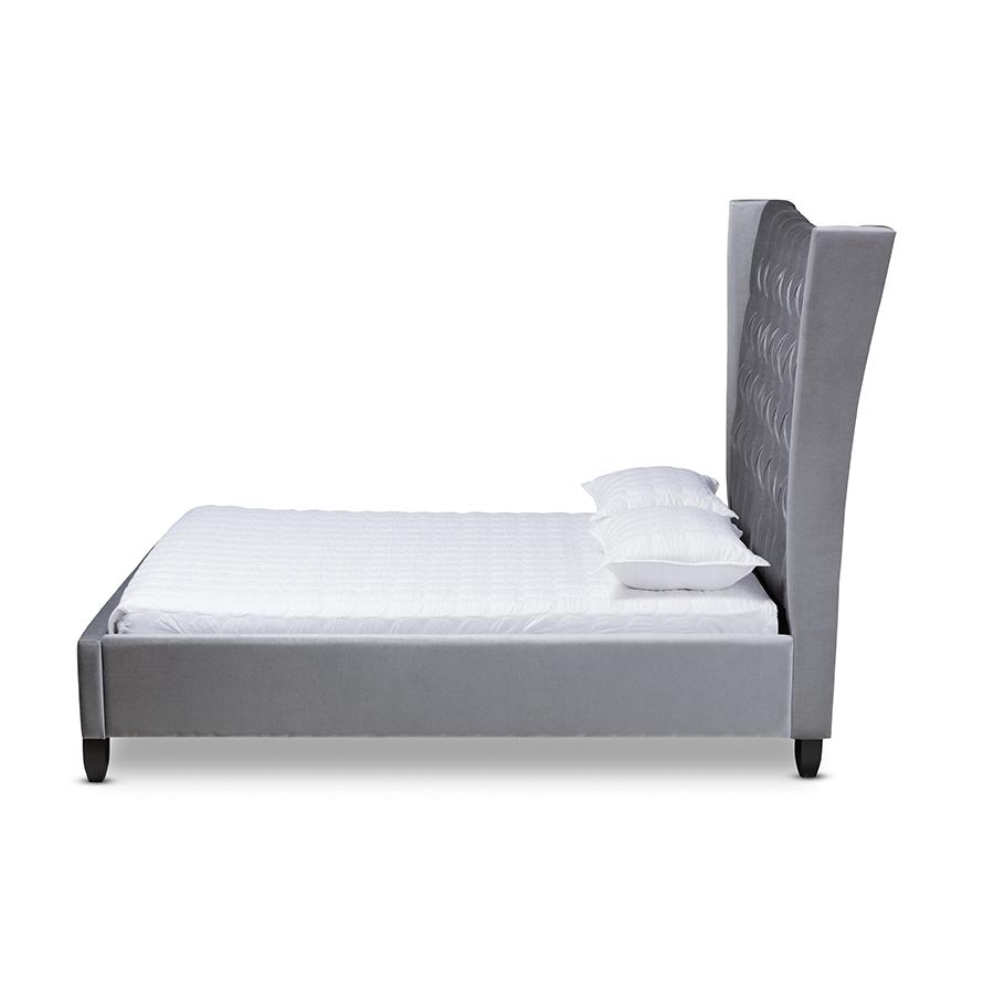 Baxton Studio Viola Glam and Luxe Grey Velvet Fabric Upholstered and Button Tufted Queen Size Platform Bed with Tall Wingback Headboard. Picture 2