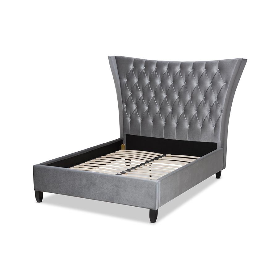 Baxton Studio Viola Glam and Luxe Grey Velvet Fabric Upholstered and Button Tufted Queen Size Platform Bed with Tall Wingback Headboard. Picture 3