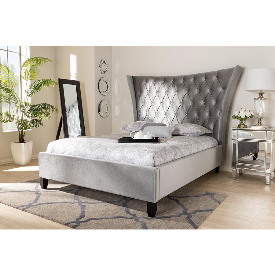 Baxton Studio Viola Glam and Luxe Grey Velvet Fabric Upholstered and Button Tufted Queen Size Platform Bed with Tall Wingback Headboard. Picture 6