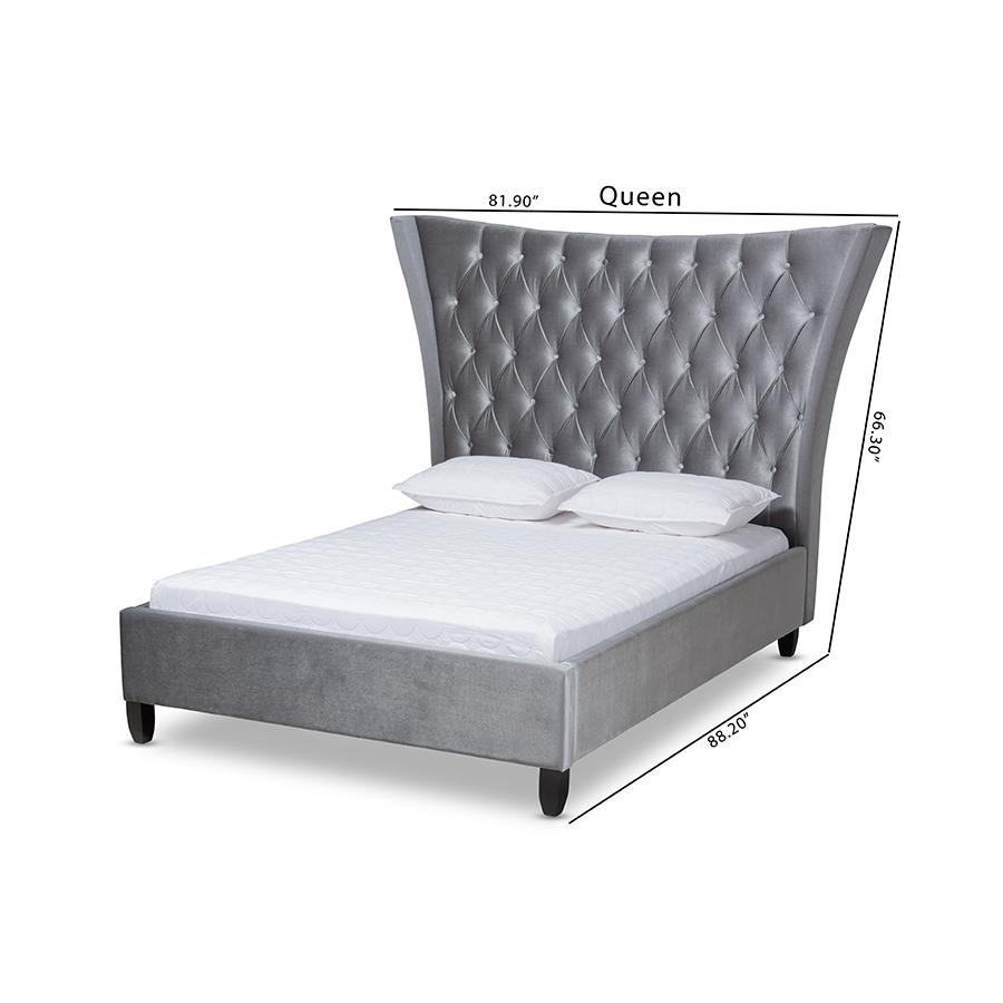 Baxton Studio Viola Glam and Luxe Grey Velvet Fabric Upholstered and Button Tufted Queen Size Platform Bed with Tall Wingback Headboard. Picture 8