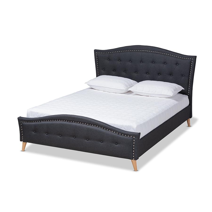 Charcoal Grey Fabric Upholstered and Button Tufted King Size Platform Bed. Picture 1