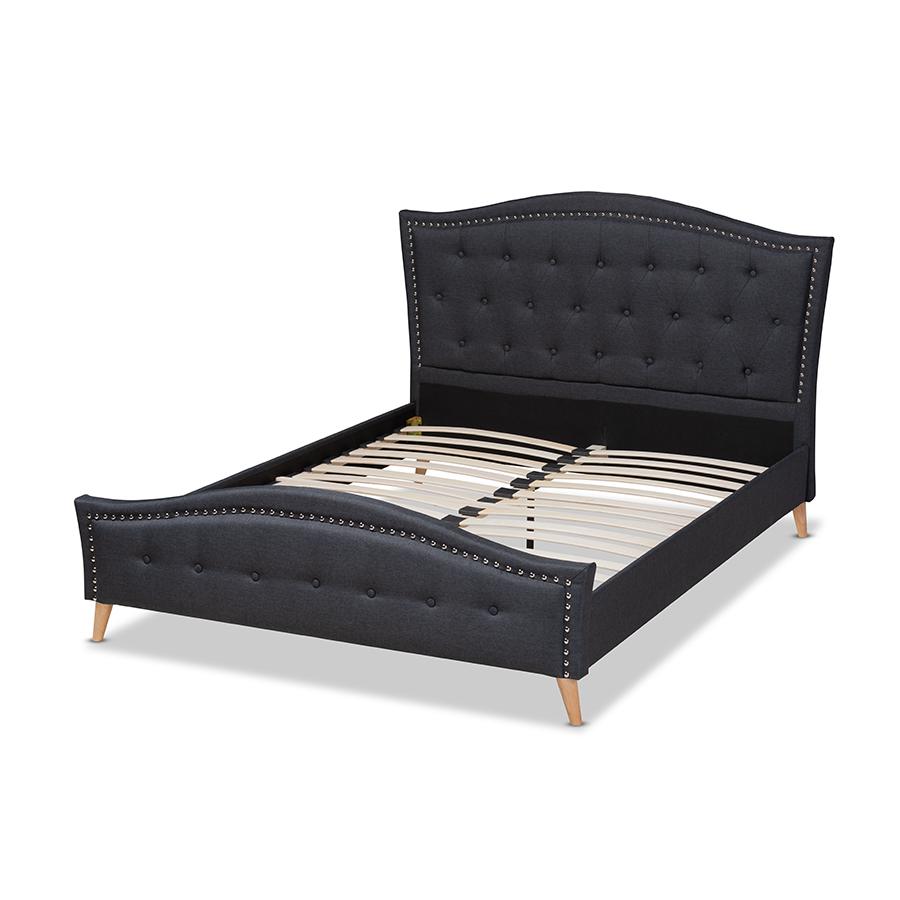 Charcoal Grey Fabric Upholstered and Button Tufted King Size Platform Bed. Picture 3