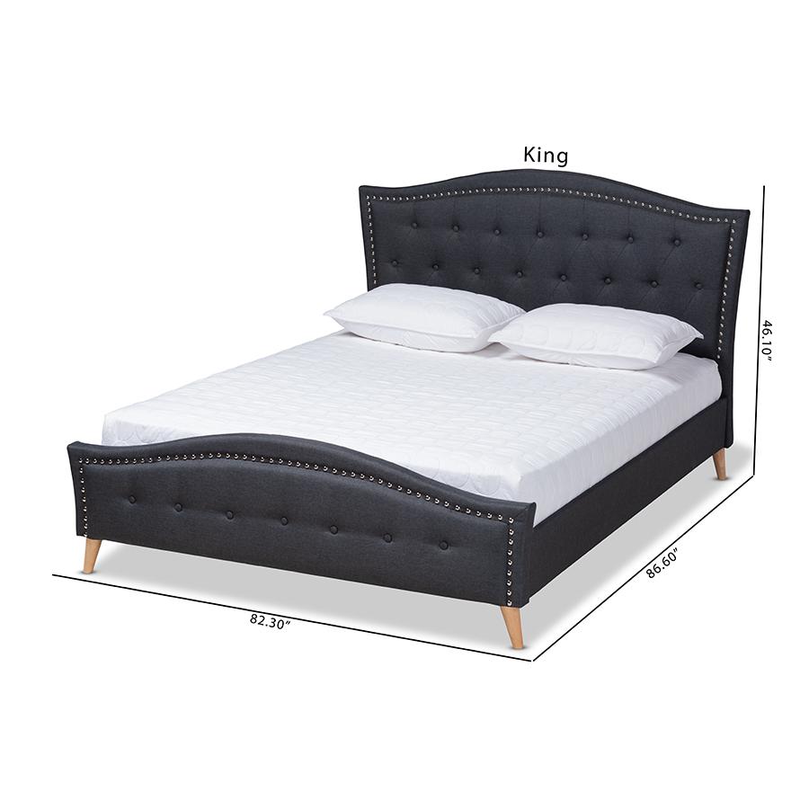 Charcoal Grey Fabric Upholstered and Button Tufted King Size Platform Bed. Picture 9