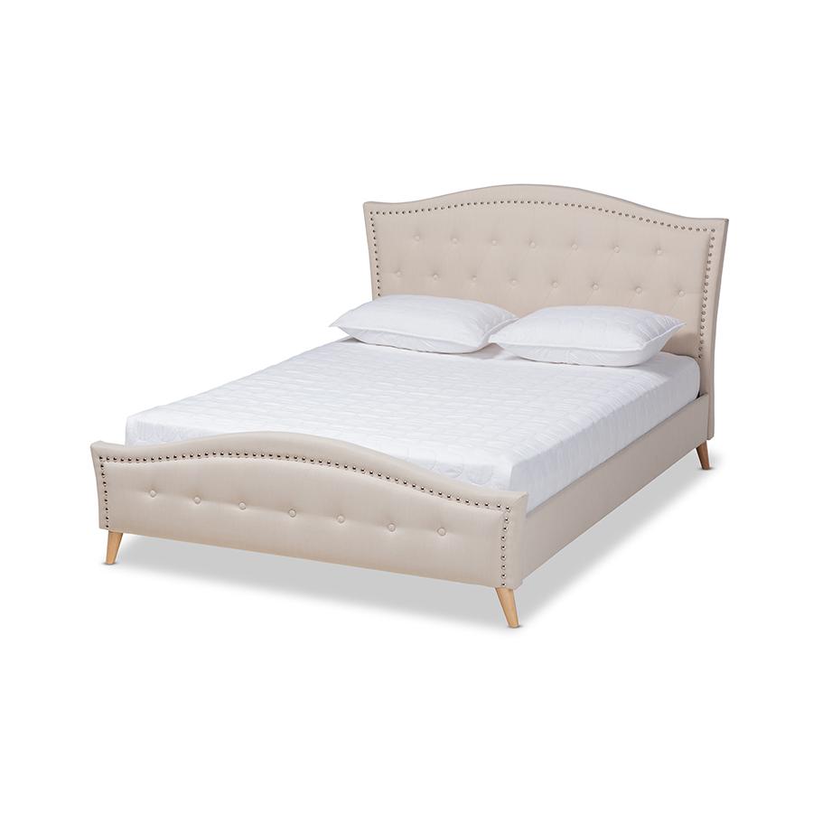 Beige Fabric Upholstered and Button Tufted King Size Platform Bed. Picture 1