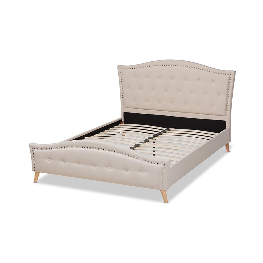 Beige Fabric Upholstered and Button Tufted King Size Platform Bed. Picture 3