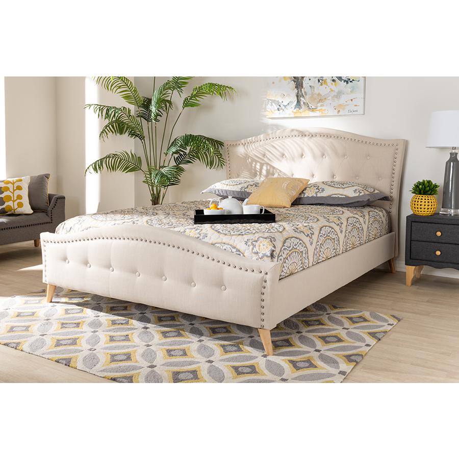 Beige Fabric Upholstered and Button Tufted King Size Platform Bed. Picture 6