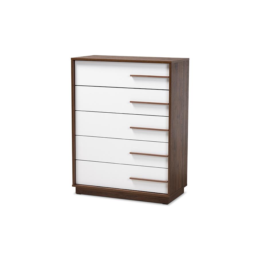 Mette Mid-Century Modern Two-Tone White and Walnut Finished 5-Drawer Wood Chest. Picture 1